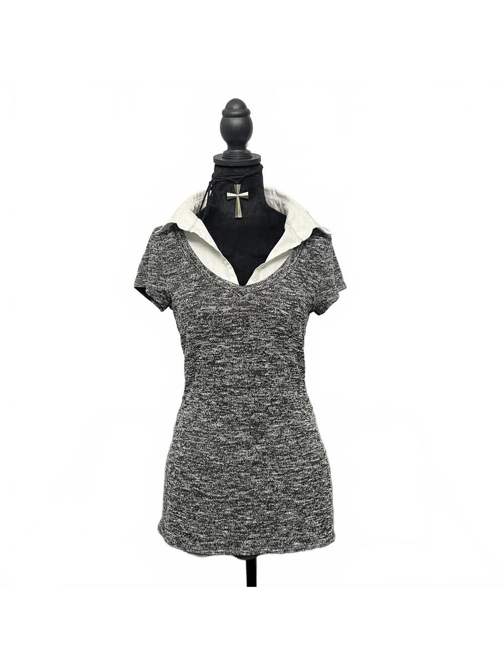 Candy Couture Grey Knit Short Sleeve Collared Mini Dress Sz L Dark Academia